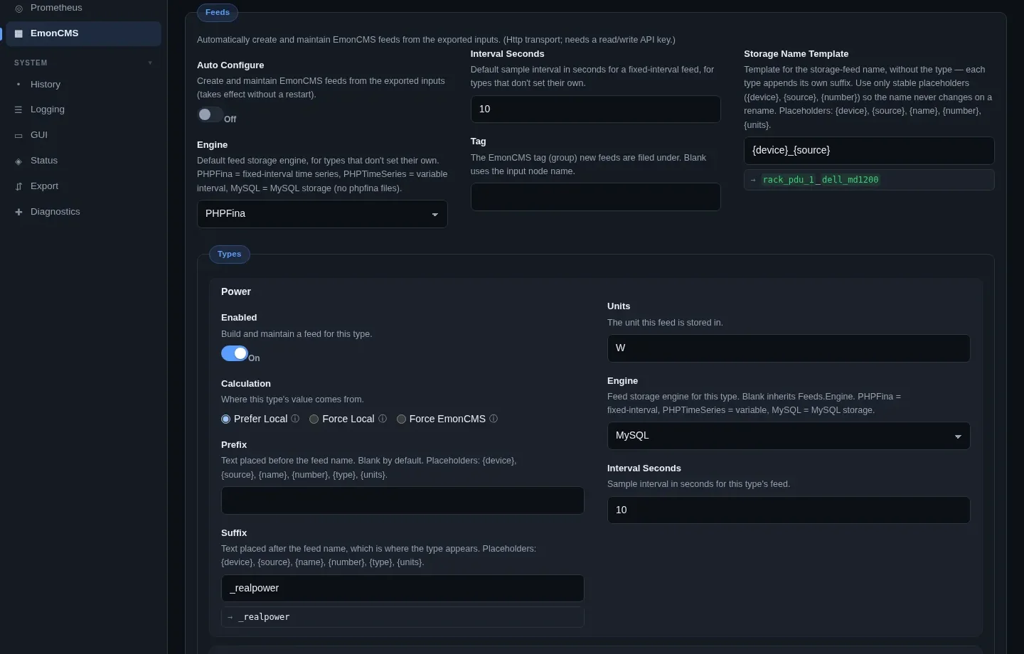 EmonCMS feed settings