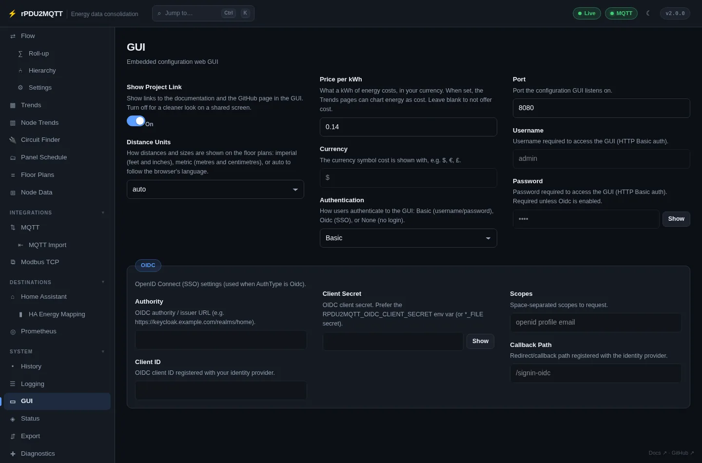 GUI settings page
