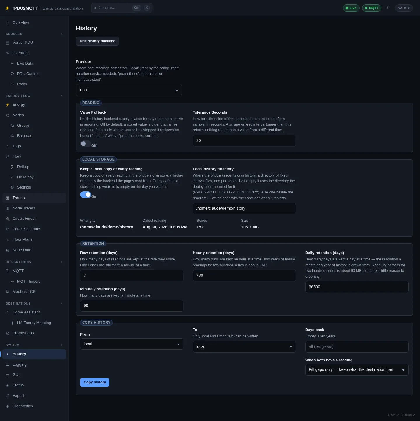 History settings page