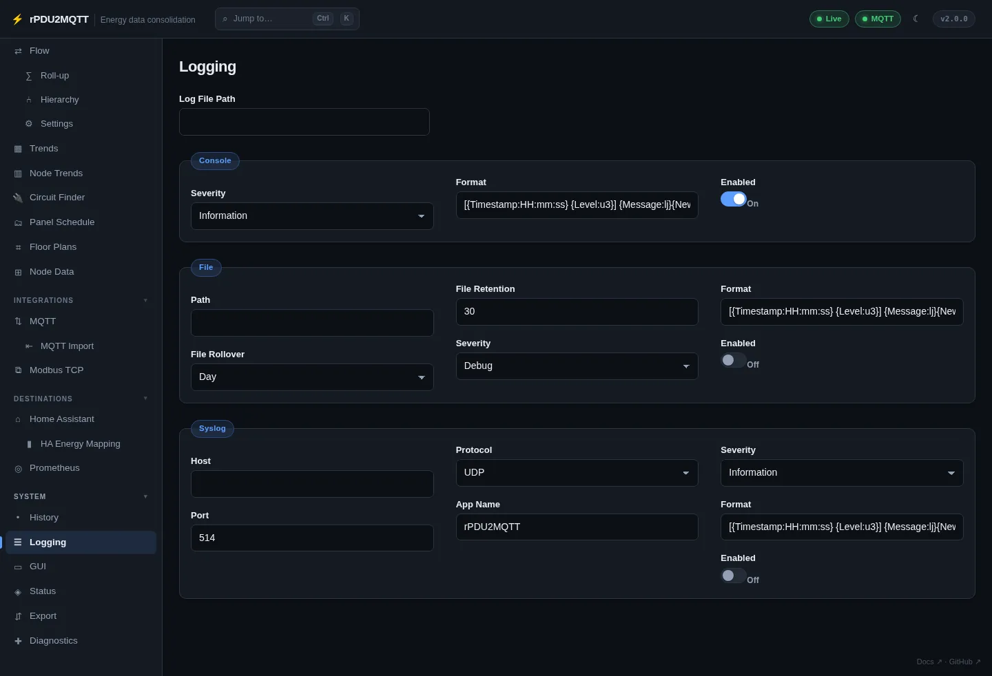 Logging settings page