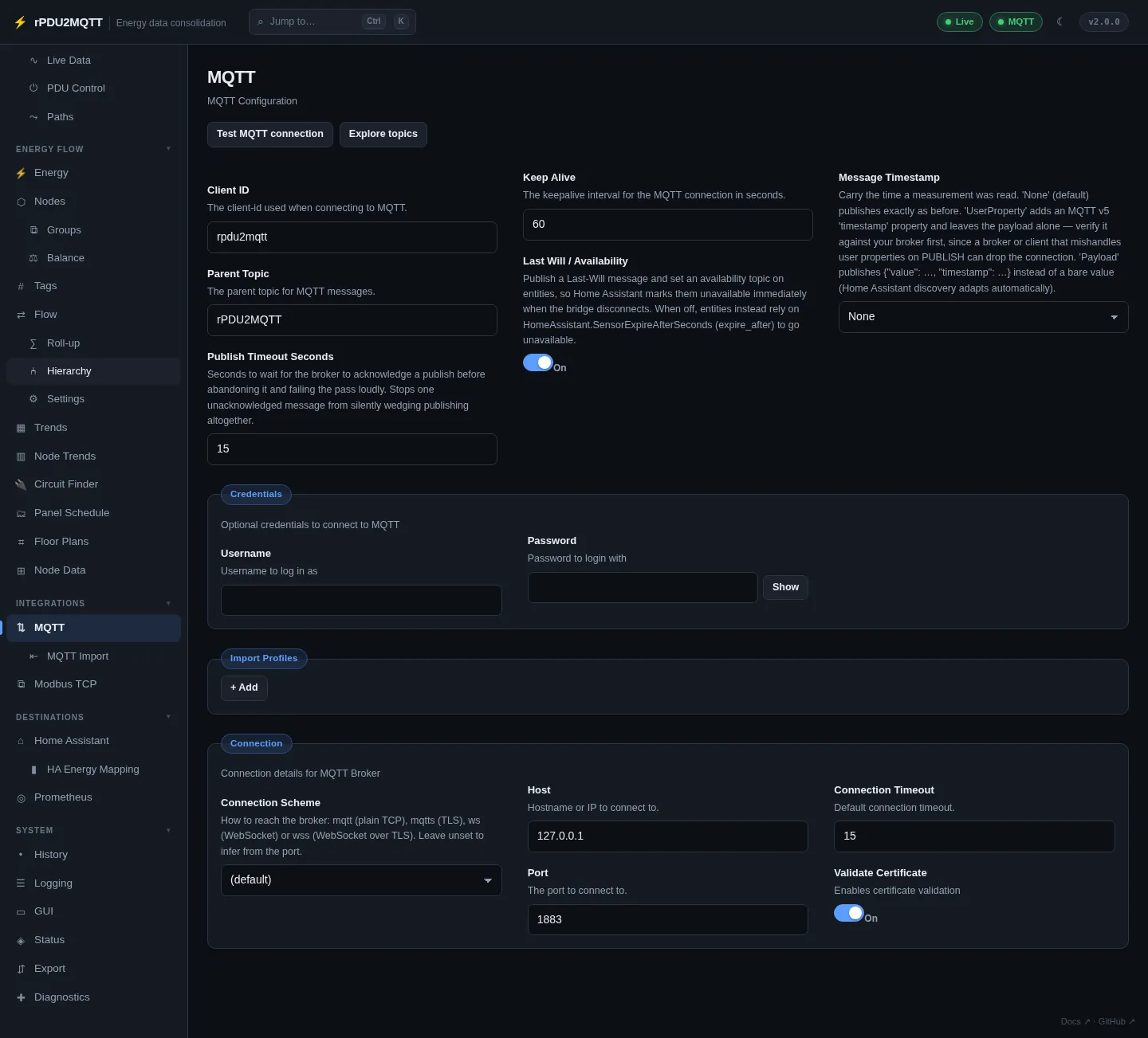 MQTT settings page