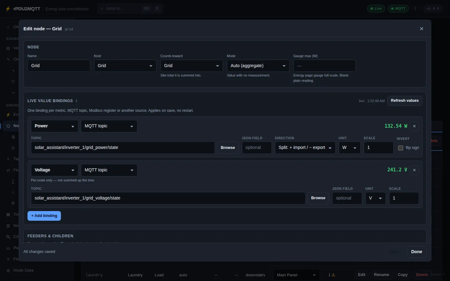 Node editor: grid node with a split power binding and a voltage binding