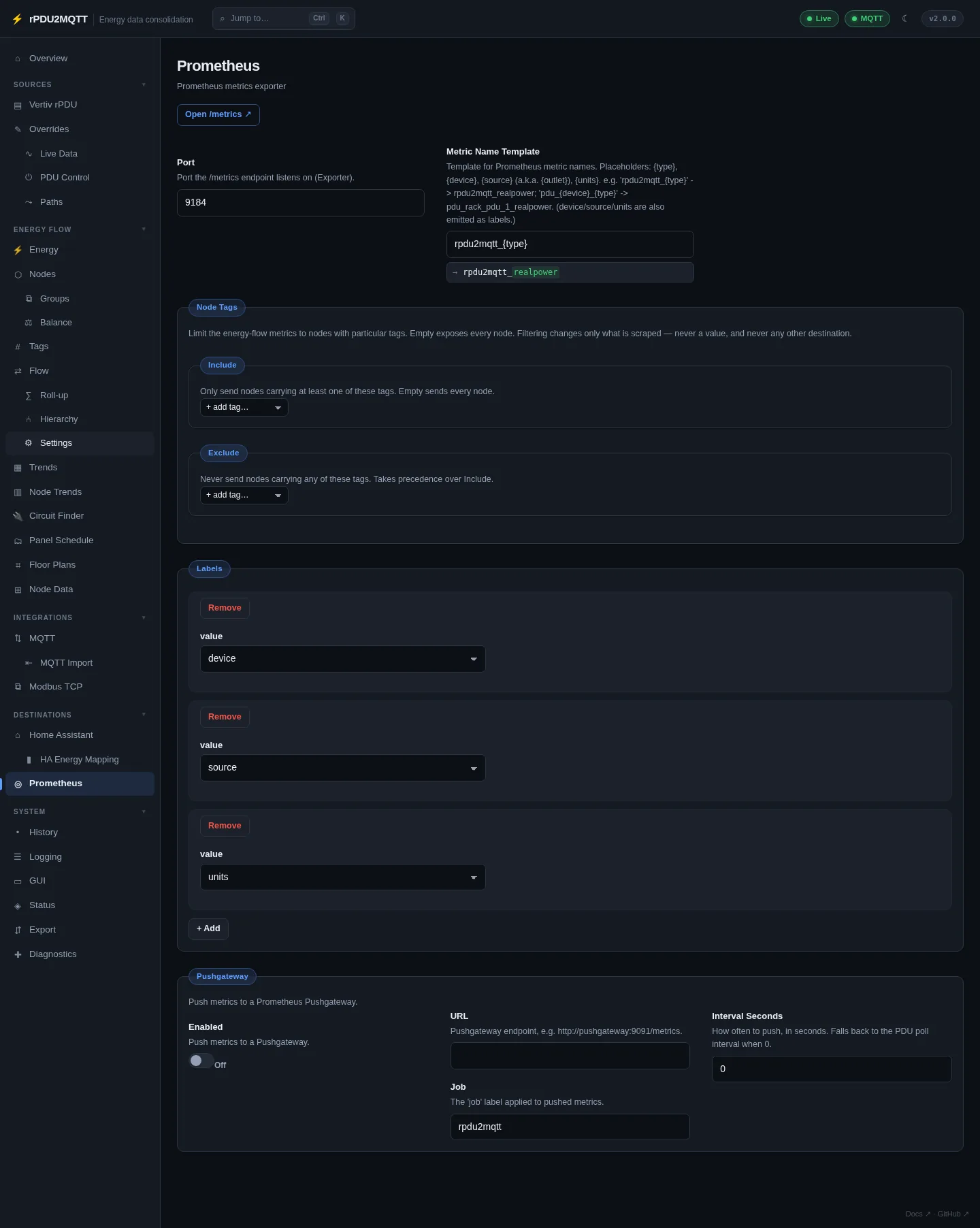 Prometheus settings page